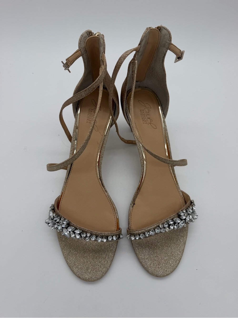 Crystal-Embellished Beige Ankle-Strap Heels